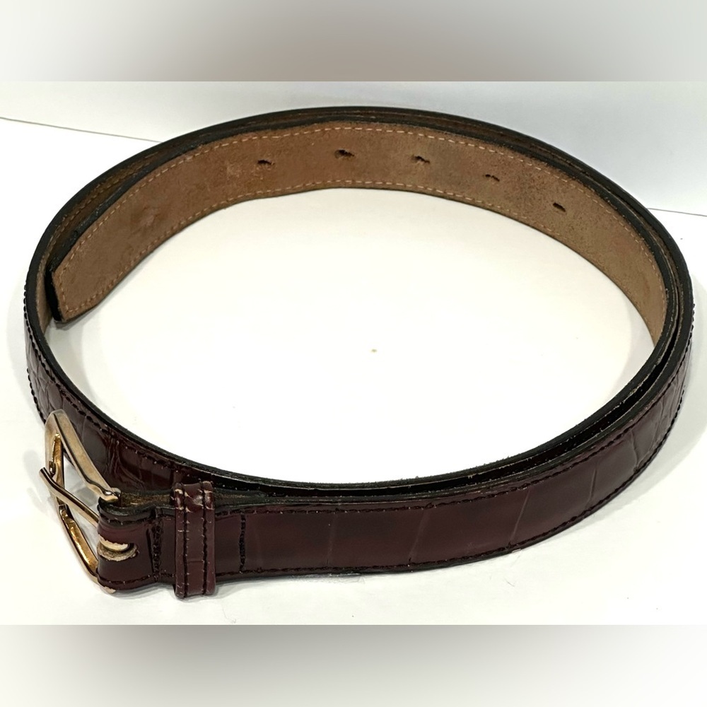 BILL BLASS DESIGNER CORDOVAN BROWN LEATHER BELT, CROCO-EMBOSSED, GOLD BUCKLE, - Picture 4 of 14
